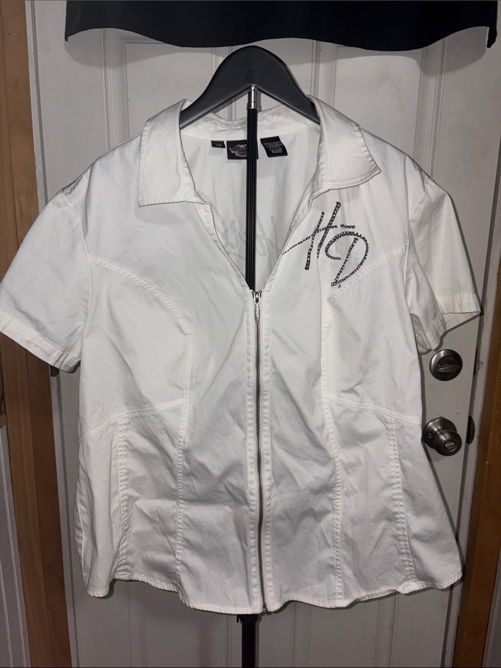 Harley Davidson White Zip Up Collared Rhinestone Blouse Shirt Back Logo